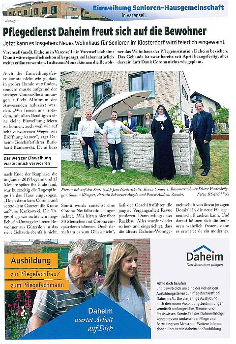 Titelblat des Presseartikels im Rietberger Stadtanzeige am 30.07.2020